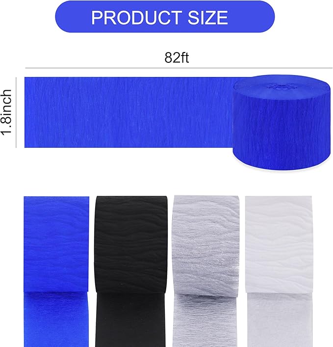 BEISHIDA 8 Rolls Blue Black Silver White Streamers Crepe Paper Streamers for Graduation Party Decorations Men Birthday DIY Craft Paper(1.8 Inch x 82 Ft/Roll)