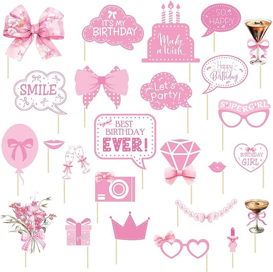 Pink Bow Party Decorations Photo Booth Props Signs,25pcs Pink Bow Birthday Decorations Selfie Props with Sticks for Women Coquette Birthday Decorations Supplies Decor Favors