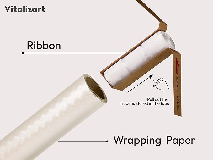 Vitalizart White Metallic Grid Wrapping Paper Set 17" With Organza Ribbon & Gift Tags Christmas Gift Wrapping Birthday Baby Shower Wedding Bouquets Handmade Crafts 197"(16.4 Ft) White Ribbon