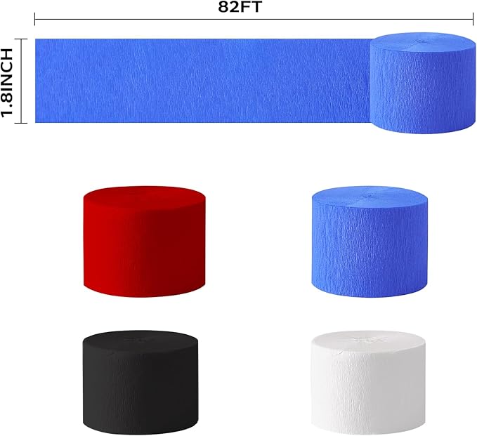 8 Rolls Red Blue Black Crepe Paper Streamers, Red Blue White Party Streamer Carnival Decoration, for Birthday Spider Circus Theme Party Decorations
