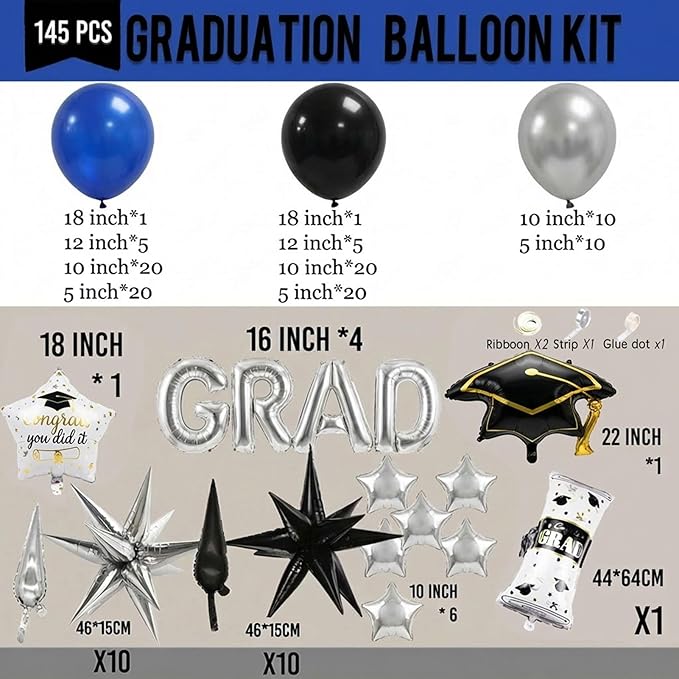 Blue Black Silver Graduation Balloon Garland Arch Kit with Graduation Star print Certificate Letter Foil Balloons for Graduate Class of 2026 Grad Prom party Decorations Supplies