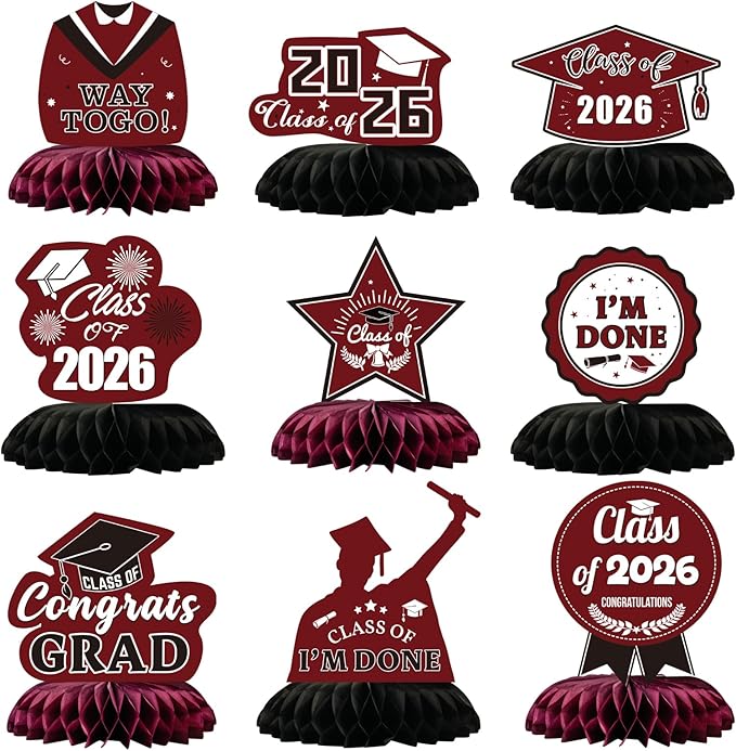 Graduation Decorations 2026 Burgundy Centerpieces for Tables 9 Pcs, Class of 2026 Graduation Party Decorations Table Toppers, Grad Centerpieces for Tables 2026, Congrats Grad Decor