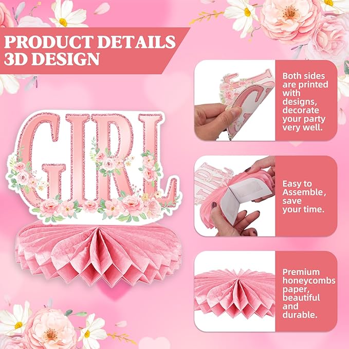 It's a Girl Baby Shower Decorations - 12 Pcs Pink Honeycomb Centerpieces for Tables, Pink Floral Baby Shower Table Decorations for Girl, Gender Reveal Party Supplies, Baby Shower Toppers