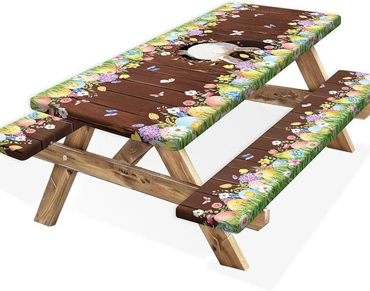 Easter Picnic Table Cover with Bench Covers Elastic Edges, Cute Bunny Flower Brown Wood Fitted Table Cover, Outdoor Patio Camping Essentials, Waterproof Camping Fitted Tablecloth, 3PCS, 30x72 Inch