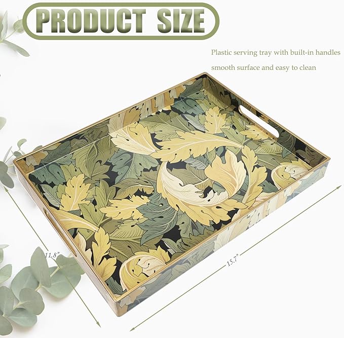 Spsyrine Serving Tray with Handles, Plastic Decorative Tray for Coffee Table, Living Room, Home Decor, Acanthus