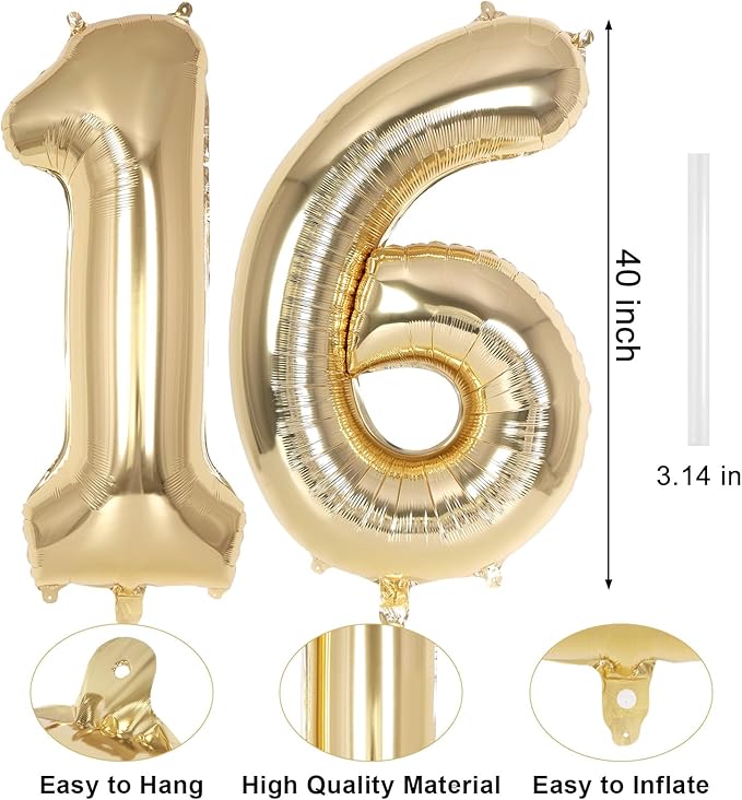 Champagne Gold Large Number 16 Balloon, 40 Inch Light Gold Foil Helium Number Balloons, Giant Mylar Number 16 Balloons for 16 Years Old Birthday Party Anniversary Decorations (Champagne Gold 16)