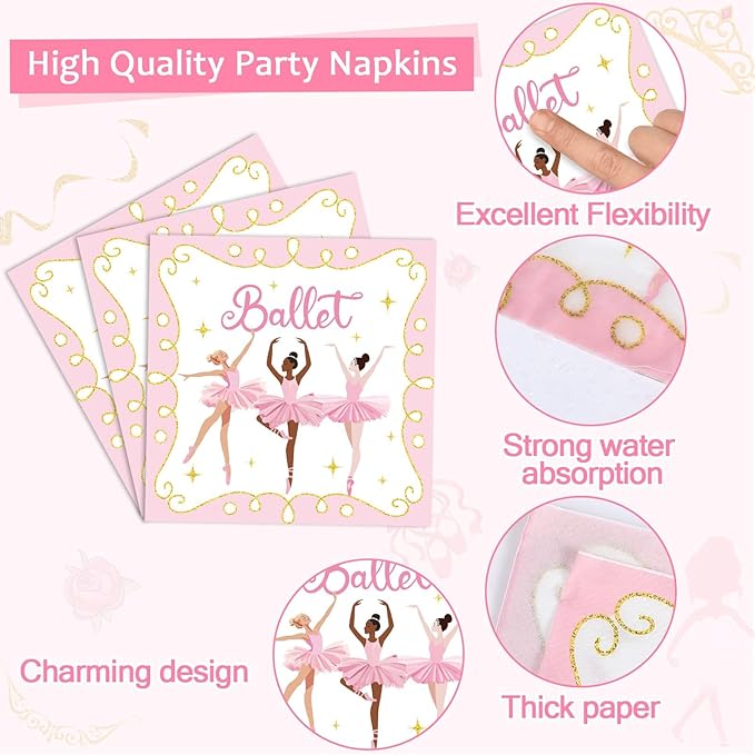 Qyeahkj 100 Pcs Ballerina Birthday Party Decorations for Ballet Plates and Napkins Ballet Dress Paper Dinnerware Table Supplies Disposable Dancing Girl Birthday Party Tableware Decor Serves 25