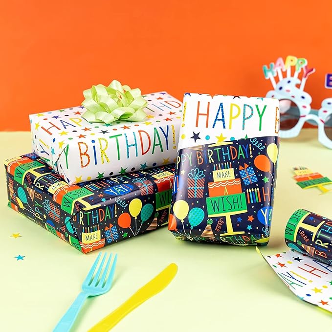 MAYPLUSS Reversible Birthday Wrapping Paper Mini Roll - 17In x 16.5Feet - Colorful Happy Birthday Lettering,Cake,Candle Pattern Kid Boys Party Gift Wrap Present Paper for Baby Shower, Holiday