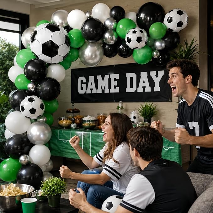Soccer Balloons, 12 Inch Green Black White Metallic Silver Latex Balloons with Soccer Ball 4D Foil Balloon for Boys Kids Sport Theme Birthday Decorations Football Lover Men Party Baby Shower Decor