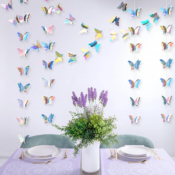 jijAcraft Butterfly Hanging Garlands - Iridescent 3D Paper Butterflies, 3 Packs for Birthday, Baby Shower, Wedding & Party Decorations (30ft)
