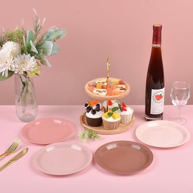 AimFun 24 Pcs Dusty Pink Paper Plates 7Inch Gradient Pink Party Plates 4 Colors Disposable Round Dessert Plates for Coquette Birthday Wedding Bridal Shower Party Supplies