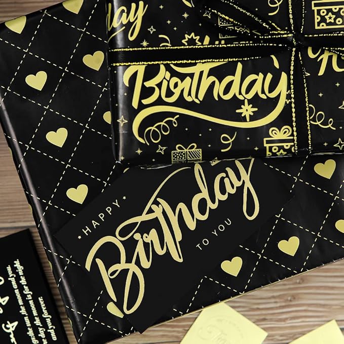 Happy Birthday Wrapping Paper for Man Women,6 Sheets Black Gold Birthday Love Heart Gift Wrapping Paper with 2 Greeting Cards for Girl Boy Wedding Graduation Christmas Gift Wrap Paper,28*20 Inch