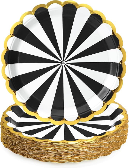 50 Pcs Black Party Paper Plates with Gold Scalloped Edge, Black Disposable 9 inch Scalloped Paper Dessert Plates Party Supplies for Birthday Bridal Shower Picnic, Striped