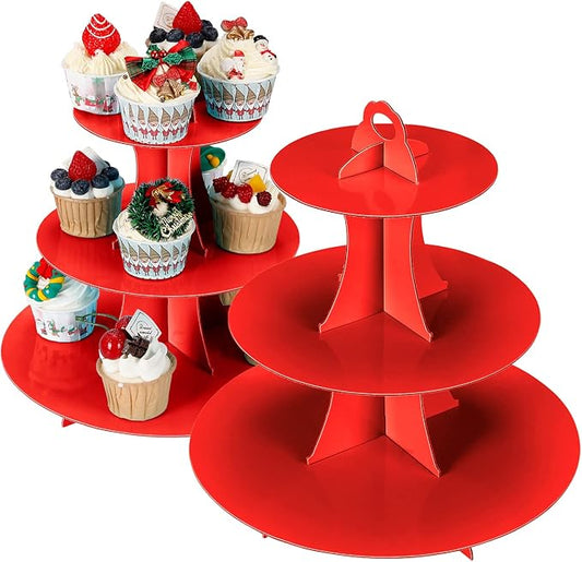 YLDW Cupcake Stand 2Pcs, 3-Tier Cupcake Stand Display, Cardboard Cup Cake Tower Stand, Disposable Dessert Stand for Birthday Tea Party Baby Shower Treat Decorations, Red