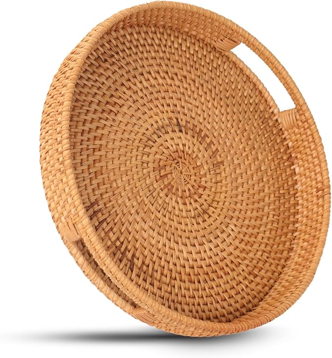 Round Rattan Serving Tray, Natural Wicker Decorative Tray for Serving, Fruit/Bread Serving Basket, Round Woven Tray with Handles.(Large:14inch)