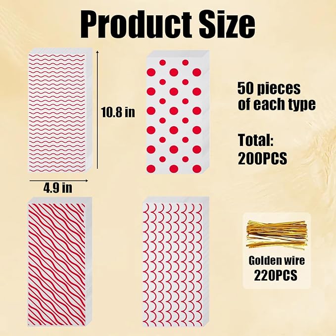 EatnMgan 200Pcs Cellophane Treat Bags,10.8 x 4.9Inch Plastic Candy Bags,Cellophane Bags,Goodie Candy with 220Pcs Twist Ties for Valentine, Birthday, Gift Cookie Snack Packing Party Favor Supplies (Red)