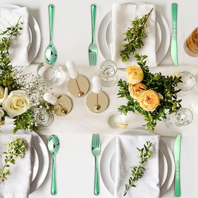 180 Pack Disposable Green Plastic Silverware Contain 60 Forks,60 Spoons,60 Knives, Solid and Durable Plastic Cutlery Utensils Set Perfect for Parties,weddings.