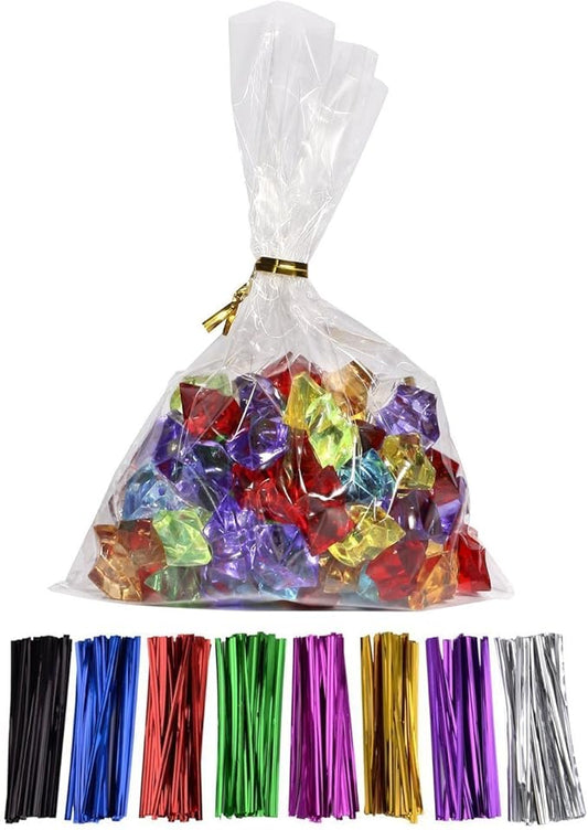 MoloTAR 100 Pcs 10 in x 5 in(1.4mil.) Clear Flat Cello Cellophane Treat Bags Good for Bakery, Cookies, Candies,Dessert with random color Twist Ties!