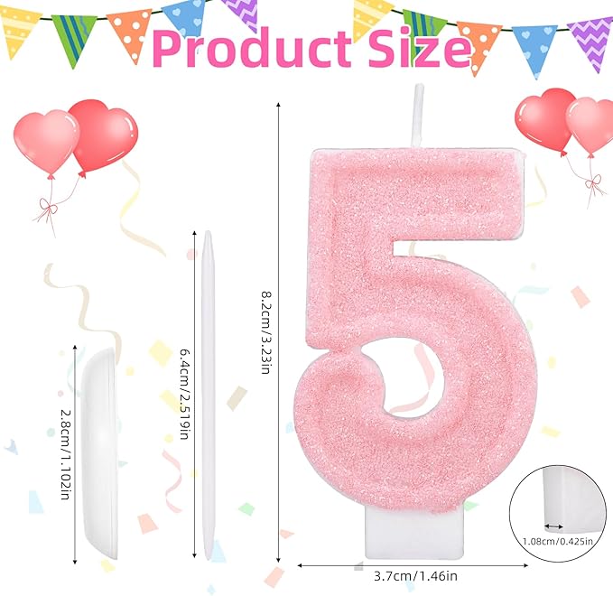 Pink Number Birthday Candles, Romantic Cake Glitter Pink Number Candles Anniversary Cake Topper Decoration Cute Birthday Party Supplies for Wedding Anniversary Celebration Supplies (5)