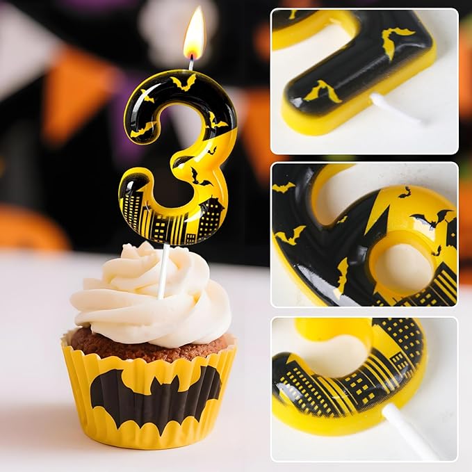 Black Yellow Number 3 Birthday Candle for Cake – Dark Night Hero Style with Bat & City Silhouette Design – Unique Cake Topper for Birthday, Anniversary, Themed Party Decoration