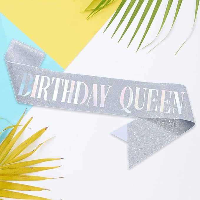 Birthday Queen Sash, Dazzle Foil Letter Glitter Silver Birthday Sash for Women Girl 21st 30th 40th 50th 60th Gifts Funny Bday Gifts Party Favors Photo Prop