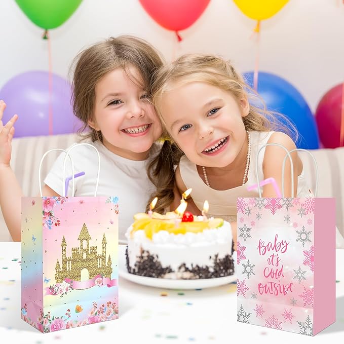 20Pcs Princess Prince Gift Bags with Handles, Butterfly Floral Castle Crown Party Favor Bags, Candy Goodie Bags Paper Treat Bags for Princess Baby Shower Birthday Party Supplies