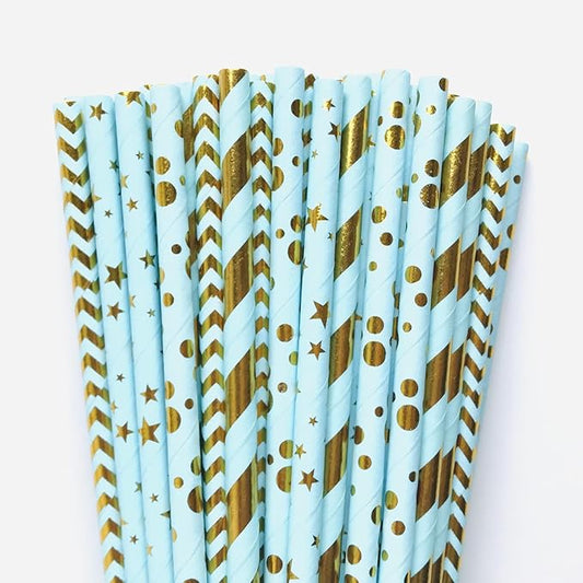 100 pcs Mixed Biodegradable Colorful Party Paper Straws, Metallic Gold Foil Light Blue Stripe Wave Dot Star Drinking Straws, Boy Birthday Baby Shower Wedding Cake Pop Sticks (Light Blue Gold Foil)