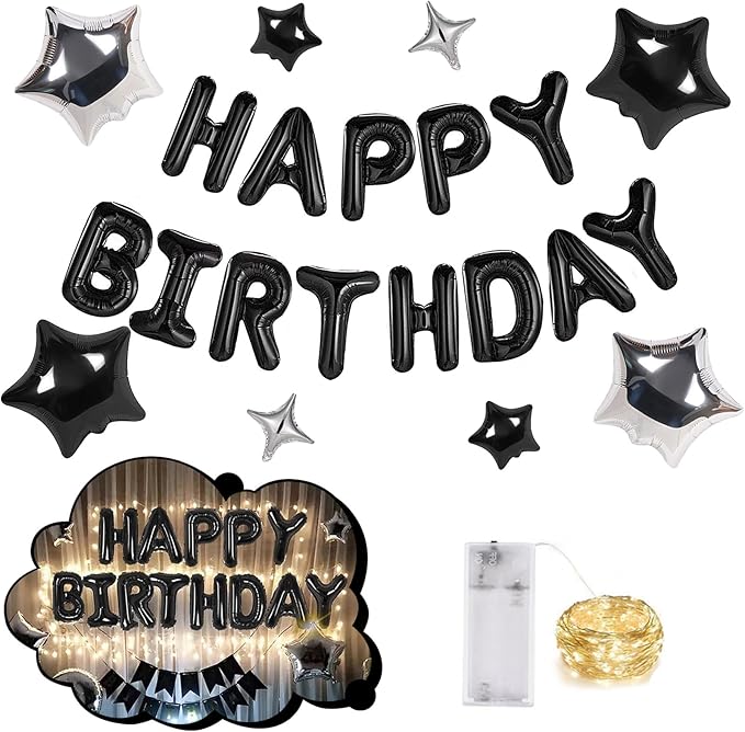 CANREVEL Happy Birthday Banner 13pcs 16 Inch Mylar Foil Letters Sign with 8pcs Star Balloons & LED Lights Birthday Party Decorations for Kids and Adults - 3D Black