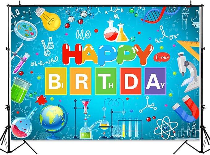Mocsicka Science Theme Birthday Backdrop Chemical Laboratory Mad Sciencist Happy Birthday Party Decorations Banner for Boys Chemical Science Photography Background (Cyan, 8x6ft(96"x72"))