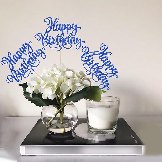 12 PCS Happy Birthday Centerpiece Sticks Double Sided Glitter Happy Birthday Table Flower Centerpieces Decorations for Celebrating Anniversary Theme Party Centerpieces Supplies Dark Blue