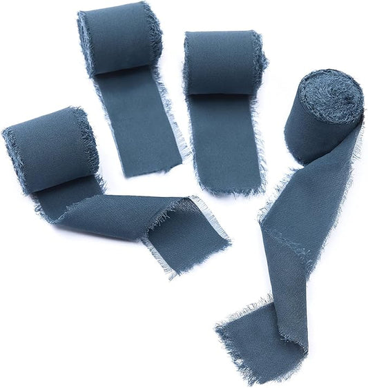4 Rolls Dark Dusty Blue Handmade Fringe Chiffon Silk Ribbon 1.5" W x 5Yd Per Roll,Frayed Edges Ribbon Set for Gifts Wrapping,Wedding Invitations,Bouquets,DIY Crafts (1.5" x20Yd, Dark Dusty Blue)