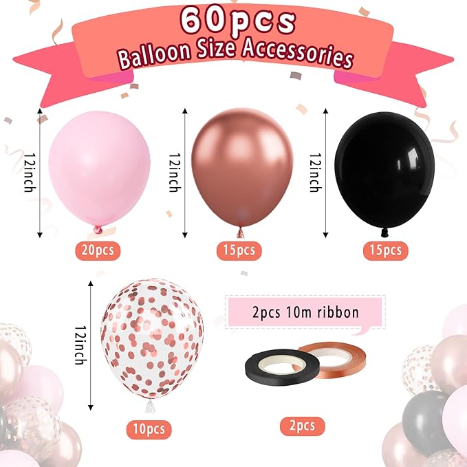 Paready Black Pink Latex Balloons, 60 Pcs 12 Inch Metallic Rose Gold and Confetti Balloons for Girls Birthday Baby Shower Engagement Anniversary Wedding Bridal Shower Party Graduation Decoration