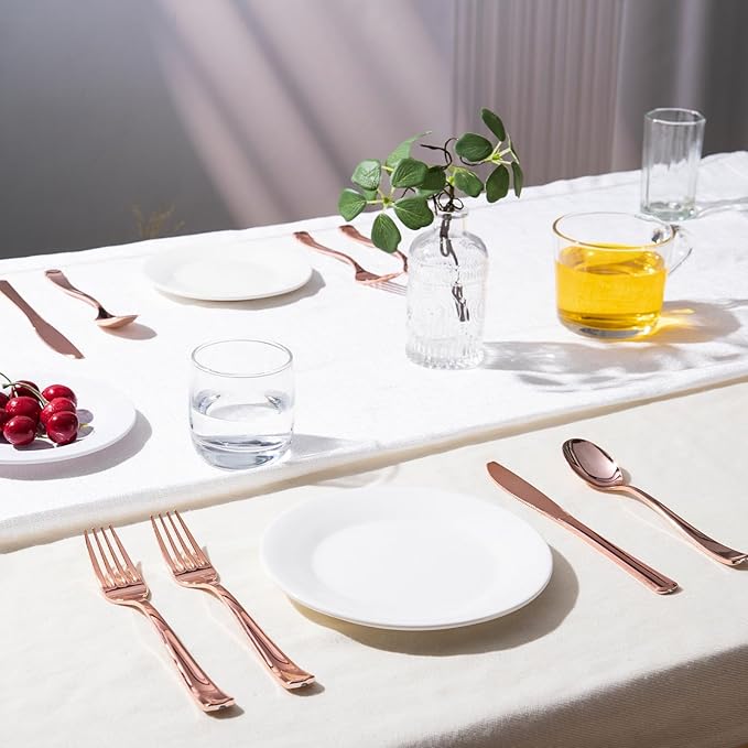 144 Pack Rose Gold Premium Heavy Duty Plastic Silverware, 48 Forks, 48 Knives, 48 Spoons, Perfect for Valentine's Day, Parties, Dinners, Weddings, BPA-Free, Disposable Plastic Cutlery Set Utensils Set