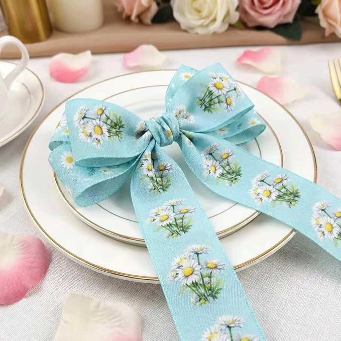 Spring Daisy Wired Edge Ribbon, 2.5 Inch Turquoise Blue with White Pink Floral Printed Ribbon, 4 Rolls for Birthday Wedding Bridal Baby Shower DIY Wrapping Mother's Day Party Decor (Turquoise Blue)