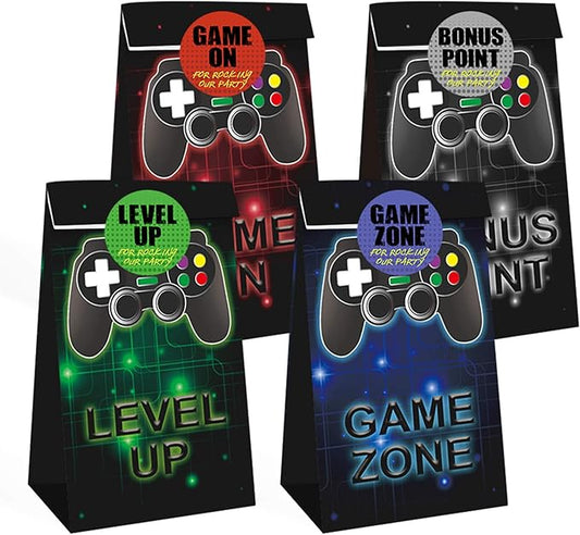 24 Pieces Video Game Party Candy Bags 4 Designs Goodie Bags for Themed Birthday Party Favors Supplies with 24pcs stickers