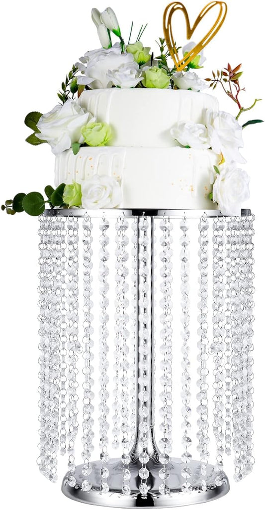 Wedding Cake Stand for Dessert Table 12 Inch Silver Crystal Pendants Metal Cake Stand Serves as A Round Dessert Cupcake Display Plate 16 Inch Tall (Silver)