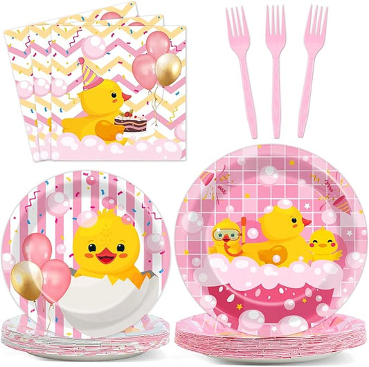 96Pcs Duck Birthday Party Supplies Pink Rubber Duck Paper Plates Napkins Duck Party Decorations Duck Themed Dinnerware Party Favor Girl Birthday Baby Shower Party Tableware Serves 24