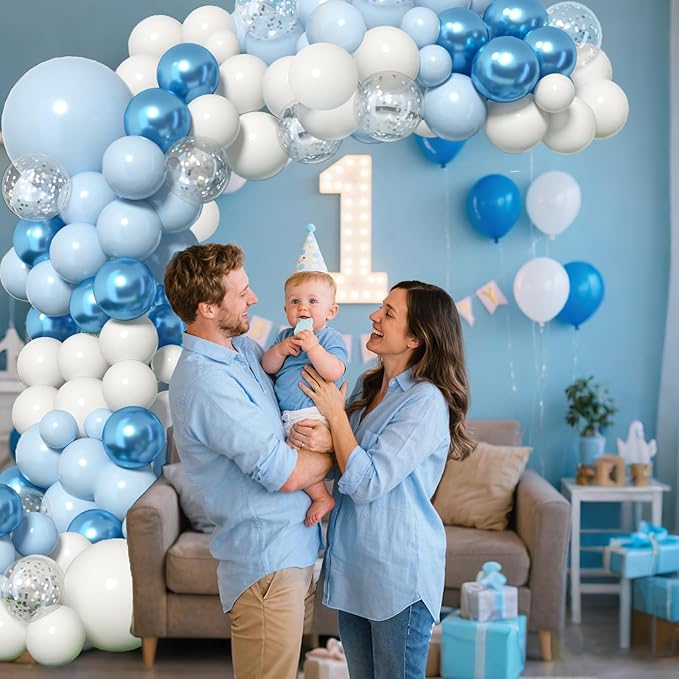 KARLURE Blue Balloon Arch Kit Garland, Baby Blue Balloons White Silver Confetti Balloons for Boy Baby Shower Decorations Birthday Gender Reveal Bridal Shower Wedding Graduation Ocean Party Decorations