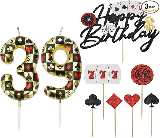 Casino Birthday Number Candles for Cake, Poker Birthday Candles for Casino Themed Birthday Party Decoration, Glitter Casino Birthday Cake Topper for Casino Night Theme Birthday Cake(Number 39 & 93)