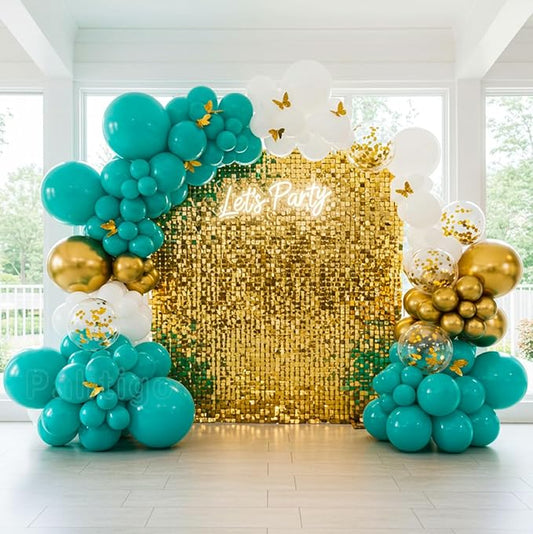 Teal Balloon Garland Kit with Gold Butterflies – Turquoise, Blue and Green, White & Gold Balloons in 18", 12", 5" Sizes – for Graduation, Baby Shower, Wedding, Birthday, Party Decor