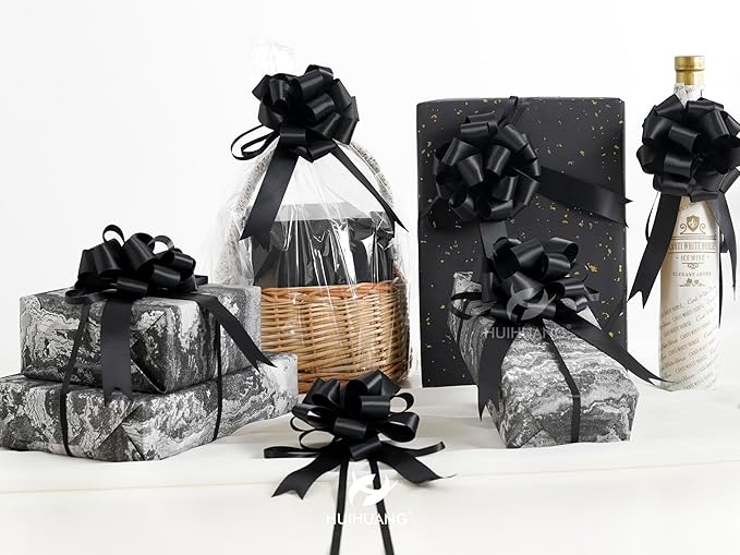 HUIHUANG Black Bows for Gift Wrapping 12 PCS Black Satin Pull Bows 4 inch Gift Bow for Presents, Gift Basket, Paper Bag, Wrapping Accessories, Birthday Wedding Party, Christmas Decor