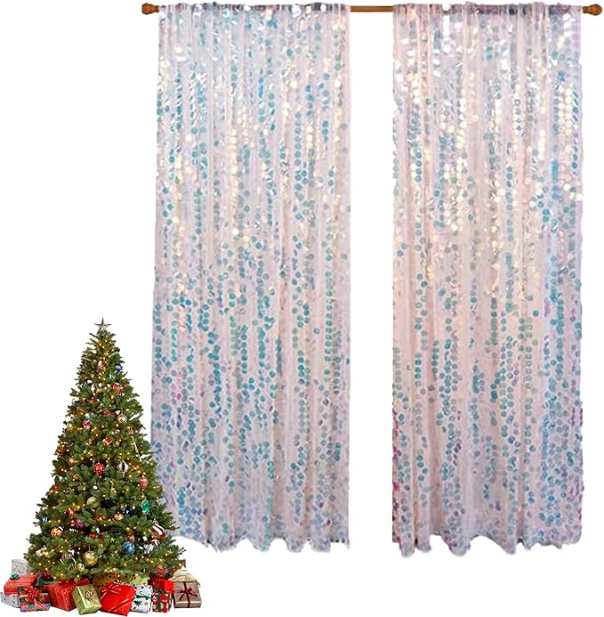 HH 9x8FT Iridescent Big Sequin Backdrop Curtains, Sequin Photo Backdrop Curtain Panels, Shimmer Photography Backdrop for Wedding Party Christmas Decoration