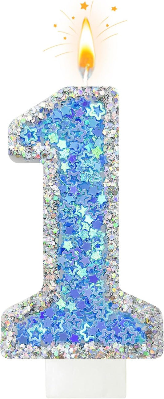 Blue Star Number 1 Candle for Cake Decoration, Glitter Star Cake Topper, Shaker Style Number Candle for Anniversary Celebration Party Supplies