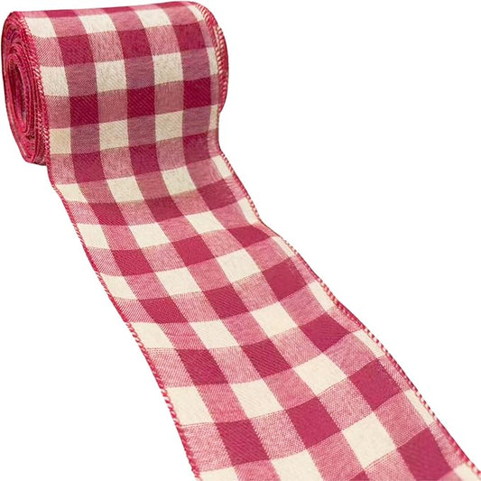 Meseey 10 Yards Burgundy and Ivory Buffalo Plaid Burlap Ribbon 4 Inch Red White Farmhouse Tartan Check Wired Edge Ribbons for Big Bow,Fall Wreath,Gift Wrapping,Crafts