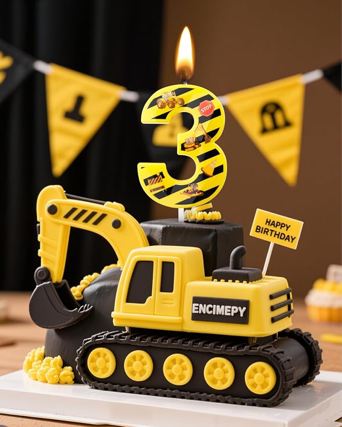 Number 3 Construction Birthday Candle, 2.68 Inch Yellow and Black Striped Candle, Birthday Candles Numbers Construction Cake Topper for Boys Girls, Construction Birthday Party Supplies Decorations