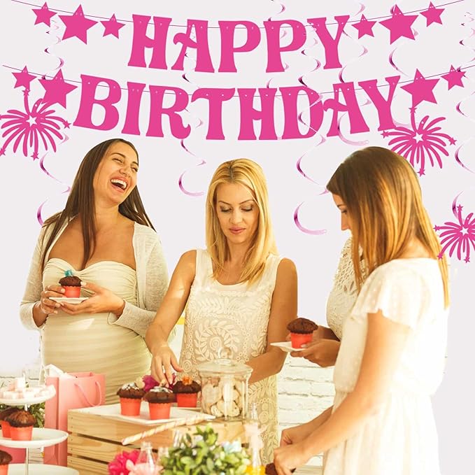 GOGOBAY Hot Pink Happy Birthday Decorations - 7PCS Pre-Strung Banner & Hanging Decorations for Girls' Birthday Party