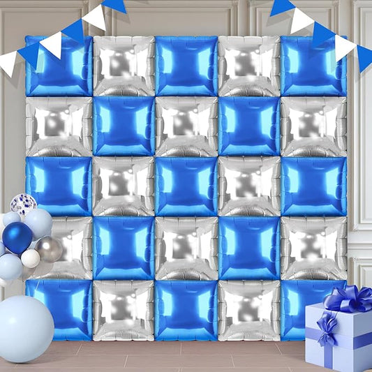 Blue and Silver Square Foil Balloons 25 Pcs Metallic Blue and Silver Balloons Wall Backdrop for New Year Graduation Birthday Bridal Shower Party Arch Backdrop Decorations