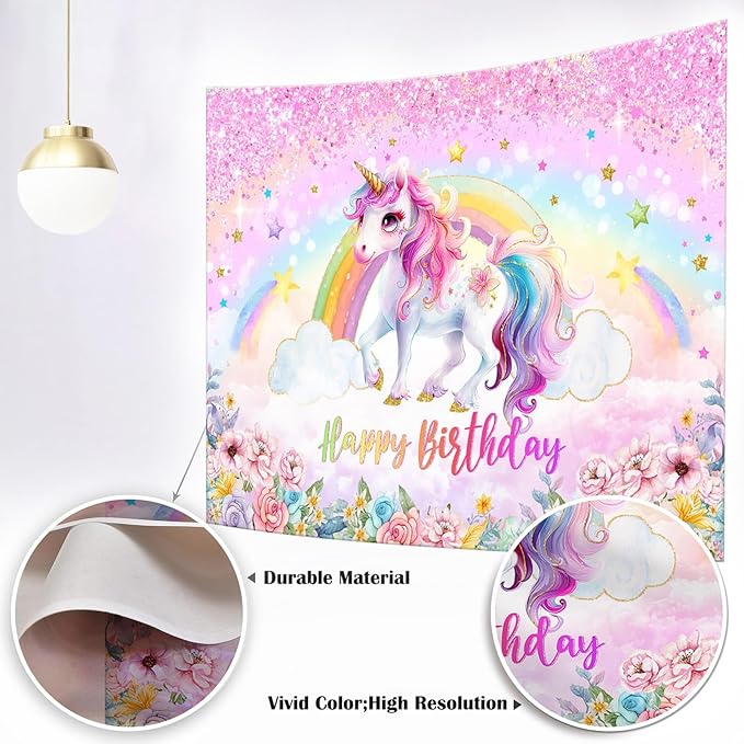 Mocsicka Unicorn Birthday Backdrop Rainbow Unicorn Theme for Girls Happy Birthday Party Decorations Pastel Glitter Photography Background Party Supplies Photo Booth Props