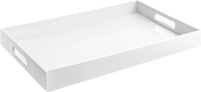 Home Redefined 17.5"x12" White Glossy Crocodile Faux Leather Serving Tray Beautiful Modern Elegant Decorative Tray with Handles Ottoman Coffee Table Perfume Display Makeup for All Occasion's