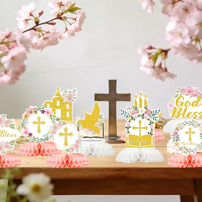 First Communion Centerpieces Baptism Decorations 9 Pcs, Cross & Flower Table Toppers Set, Confirmation Decor for Party, Primera Comunion Decoracion, First Holy Communion Favors Supplies